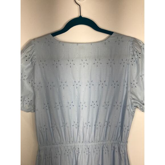 J. Crew Midi Dress Women's 8 Blue V Neck Puff Sleeve Eyelet Tiered Feminine - Picture 10 of 15